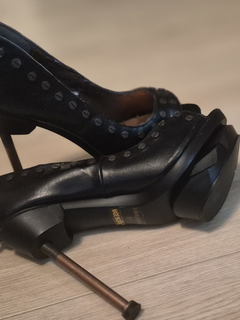 Black Studded Peep-Toe Chunky Heels - Picture 2 of 3